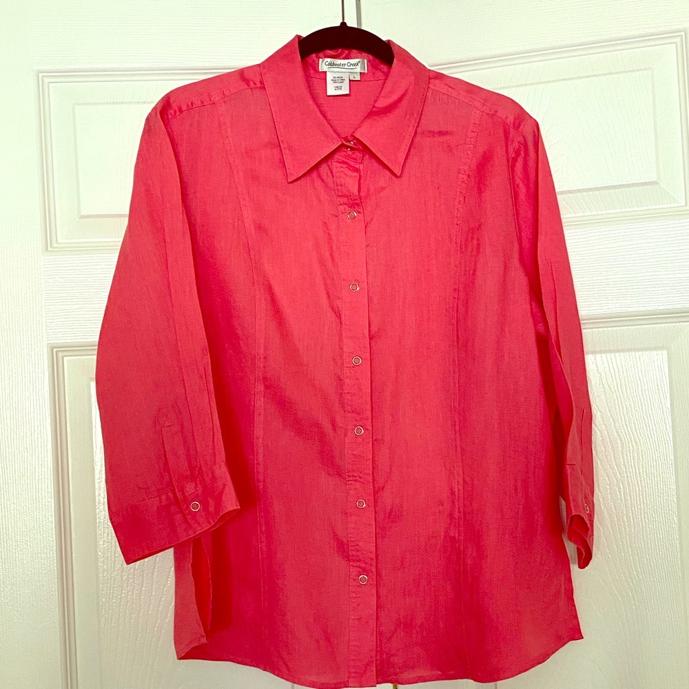 COLDWATER CREEK Large melon linen blouse snap Top